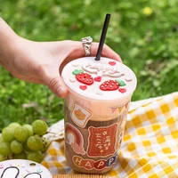 50pcs net red transparent milk tea cup disposable drinking dessert cups packaging cake juice plastic cups with plate and straw