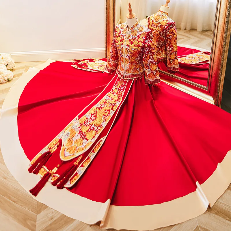 Retro Chinese Dragon Phoenix  Embroidery Marry Cheongsam Traditional Bride Groom Wedding Dress Свадебное платье