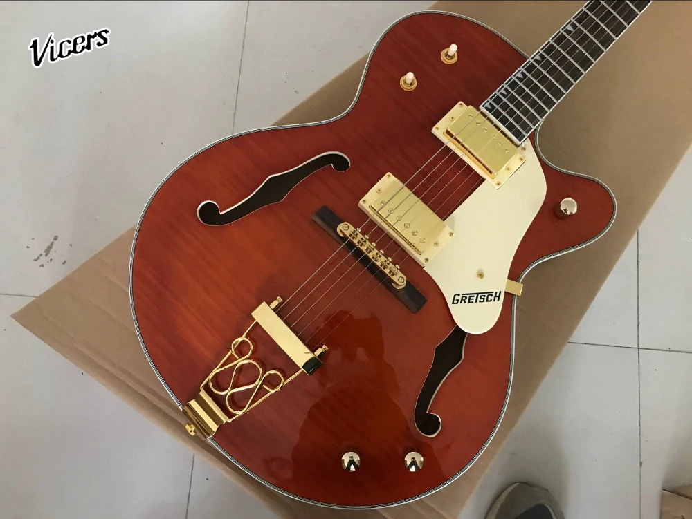 

Новый стиль. F электрическая гитара с полым корпусом jazz. Красный цвет Тигр Пламя Топ Джаз гитара. Система vibrato. Поддержка настройки