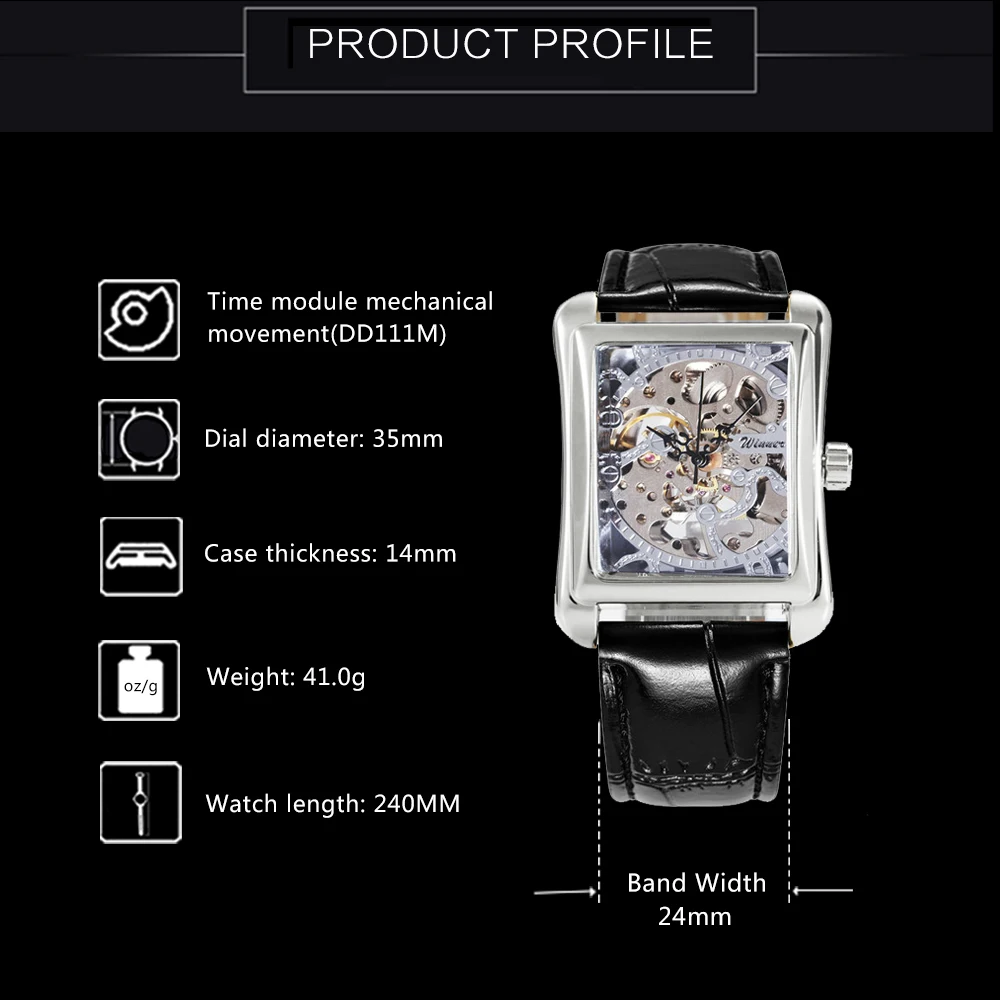 Часы наручные WINNER Мужские механические брендовые Роскошные модные квадратные