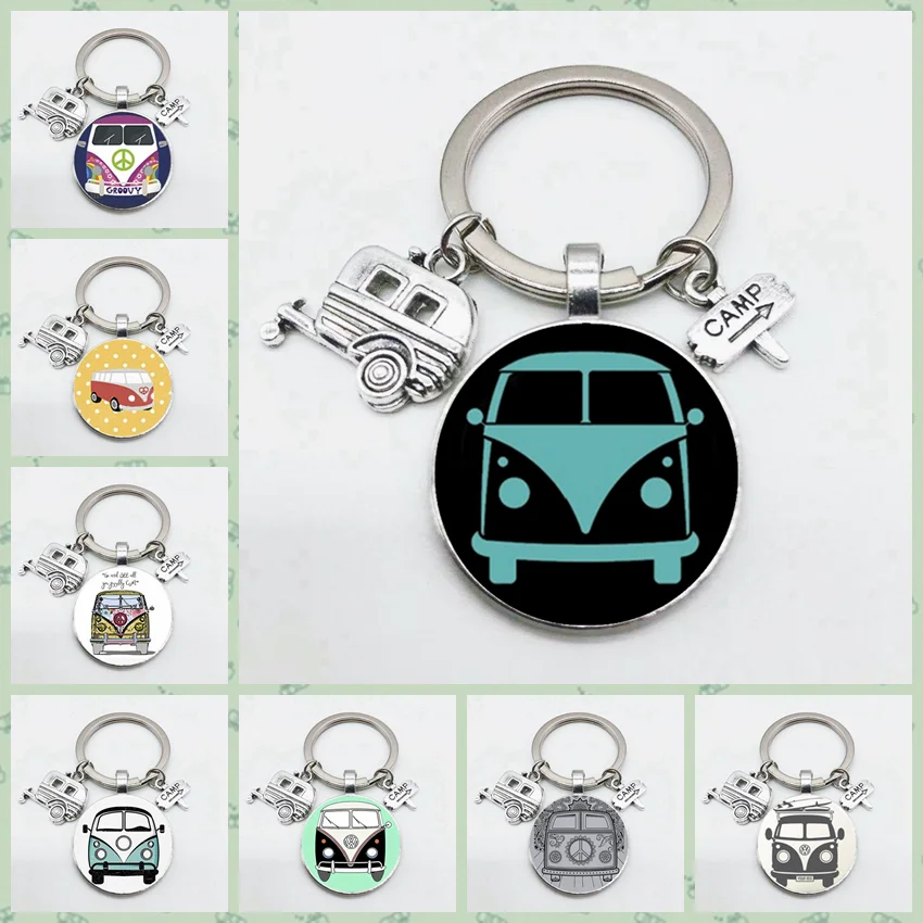 

Super Good Travel Bus Travel Car Road Sign Cartoon Bus Charming Keychain Convex Round Glass Keychain Jewelry