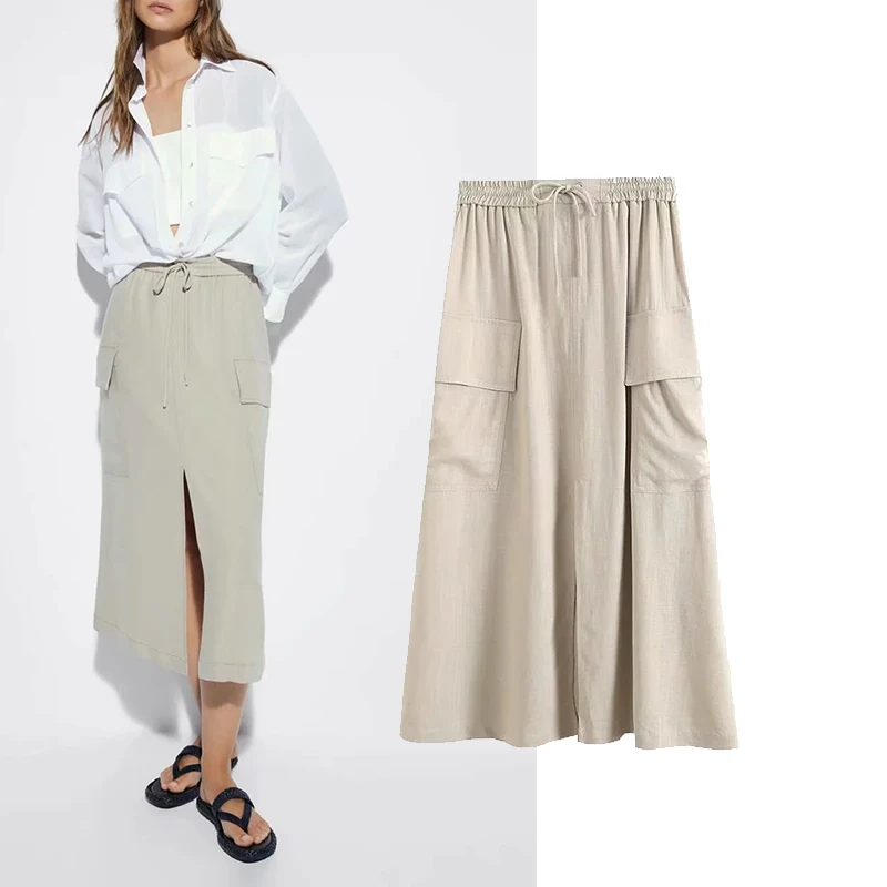 

Skirts Women Vintage Solid Color Pleated Bow Tied Soft Cotton Linen Skirt Faldas High Waist Chic Woman Skirts