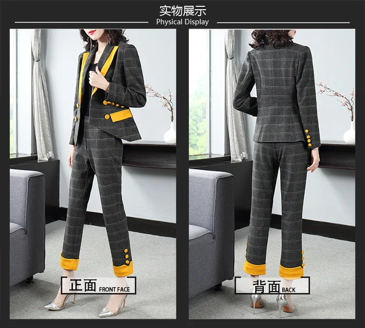 Vogue of new of autumn winters commuter plaid suit color matching collar suit collect waist feet nine minutes of pants