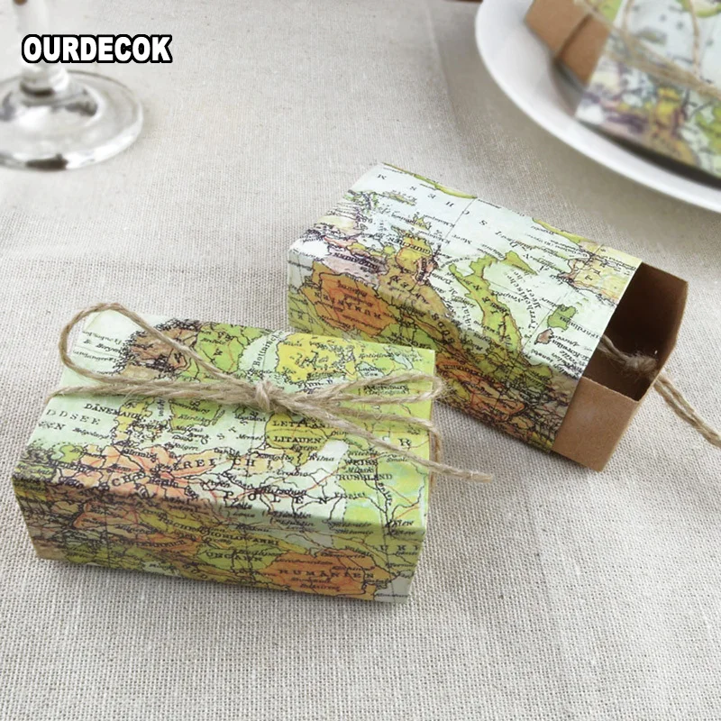 100 шт./лот карта мира Cuboid свадебные бумажные коробки для конфет подарочные со