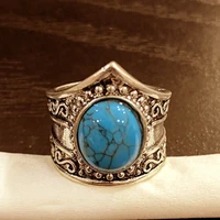 ancient silver turquoise moonlight stone pattern national style ring