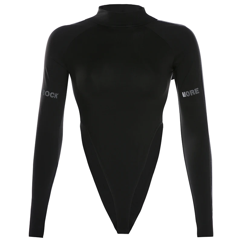 

Waatfaak Black Casual Long Sleeve Bodysuit Women Turtleneck Reflective Body Woman Bodycon Bodysuits Skinny Autumn Winter Romper