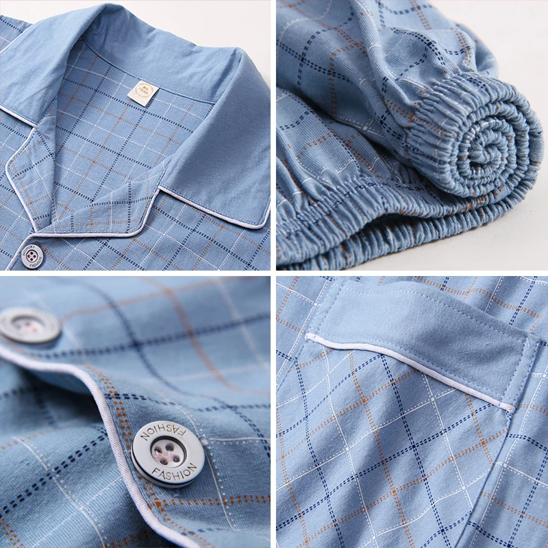 

Winter 100% Cotton Pajamas Men Lounge Sleepwear Blue Plaid Pijama Man's Warm Bedgown Home Clothes PJ Pure Pijama Hombre Invierno