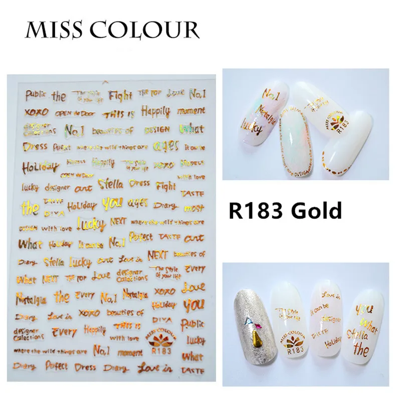 1 лист ногтей Стикеры клей ручной записи английские слова буквы серебристо белый