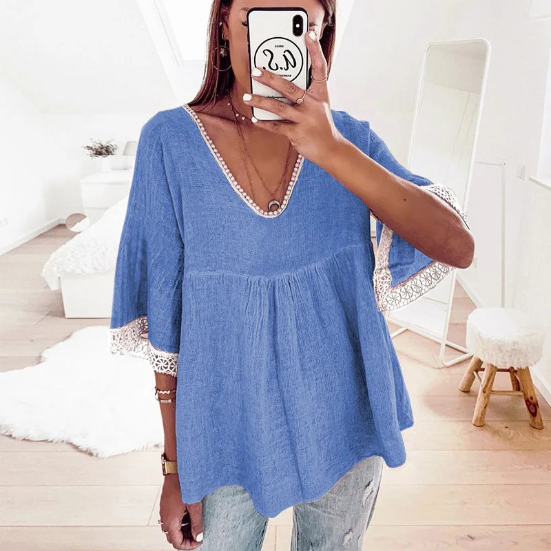 

2021 Summer Women New Fashion Lace Stitching Half Sleeve Shirt Casual Solid Color Retro T-shirt for Lady Loose V-neck Blous