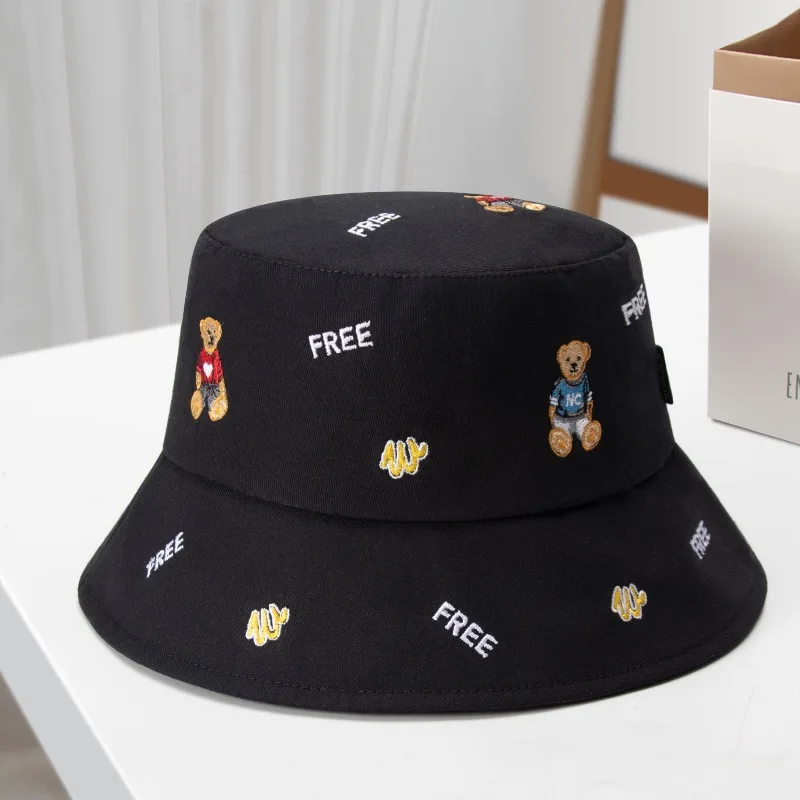 

Unisex Bucket Hat Women's Cotton Bear Embroidery Fisherman Hat Outdoor Travel Sun Cap Men Female Panama Sunscreen Beach Caps