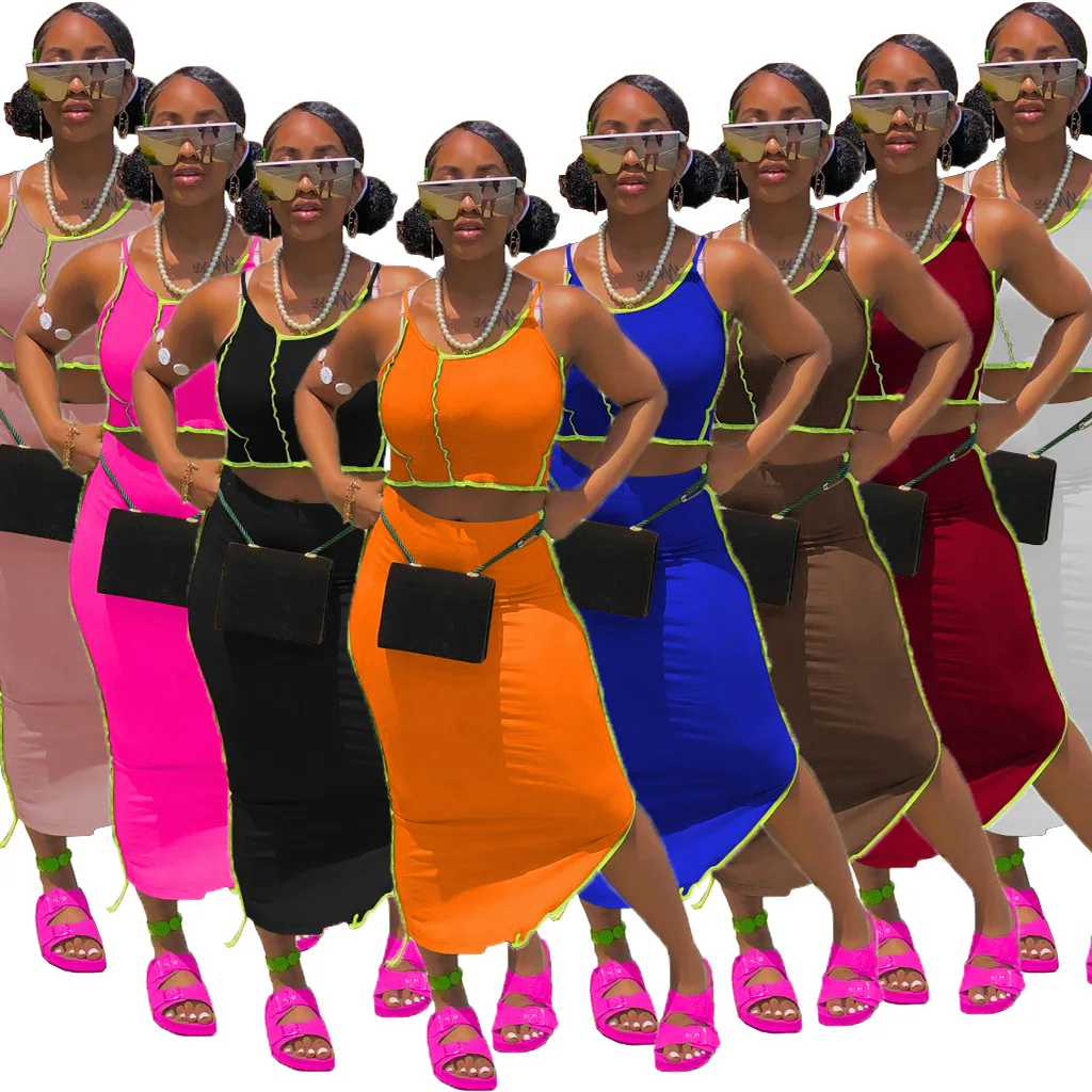 

M2086 Европейская и американская мода Женская индивидуальная линия Сексуальная сумка с открытым пупком и юбка на бретельках два комплекта в н...