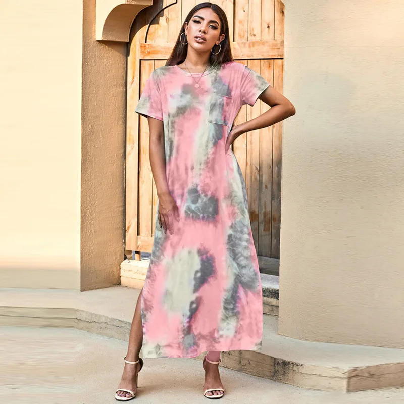 

2021 European and American summer new style tie-dye long skirt women loose pullover short-sleeved dress
