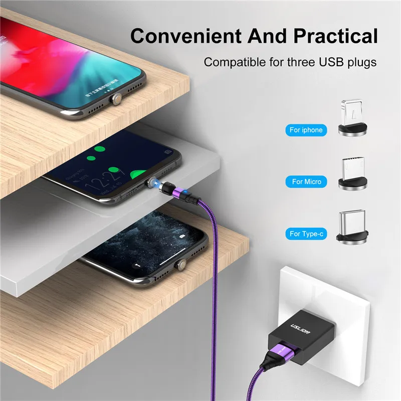 USLION 540 Rotate Magnetic Cable usb 3A Fast Charging Type C Magnet Charge Micro For iPhone 11 Pro 7 Samsung Xiaomi USB C Cable