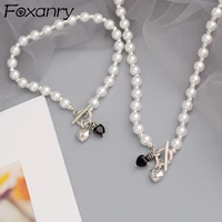 foxanry 925 stamp necklace bracelet jewelry set trendy elegant pearls love heart party jewelry ot buckle accessories