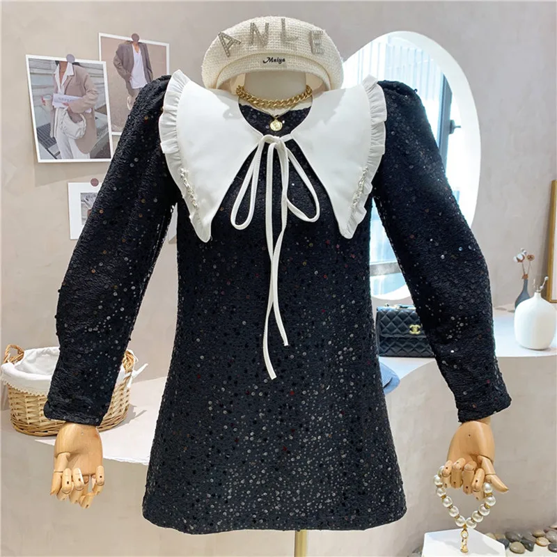 

Niche Design NEW Women's Clothing 2021 Autumn Winter Retro Contrast Doll Neck Versatile Slim Sequin Short Dress
