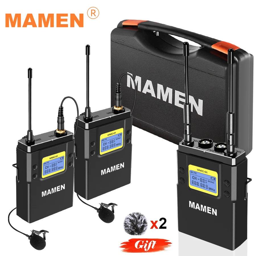 

MAMEN Professional Wireless Microphone with Receiver 50 Channels 60m-100m Range Condenser Microfone for Cameras Phones Mic