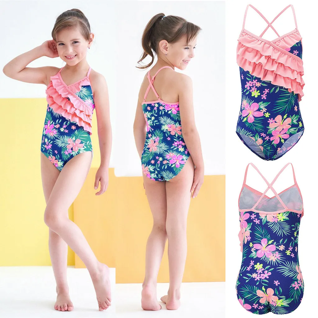 Купальник для маленьких девочек с оборками и цветочным принтом цельный
