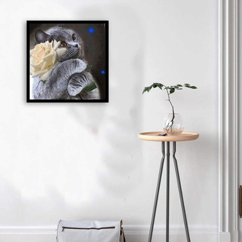 DIY картина с животными вышивка крестиком полная круглая котом и цветами