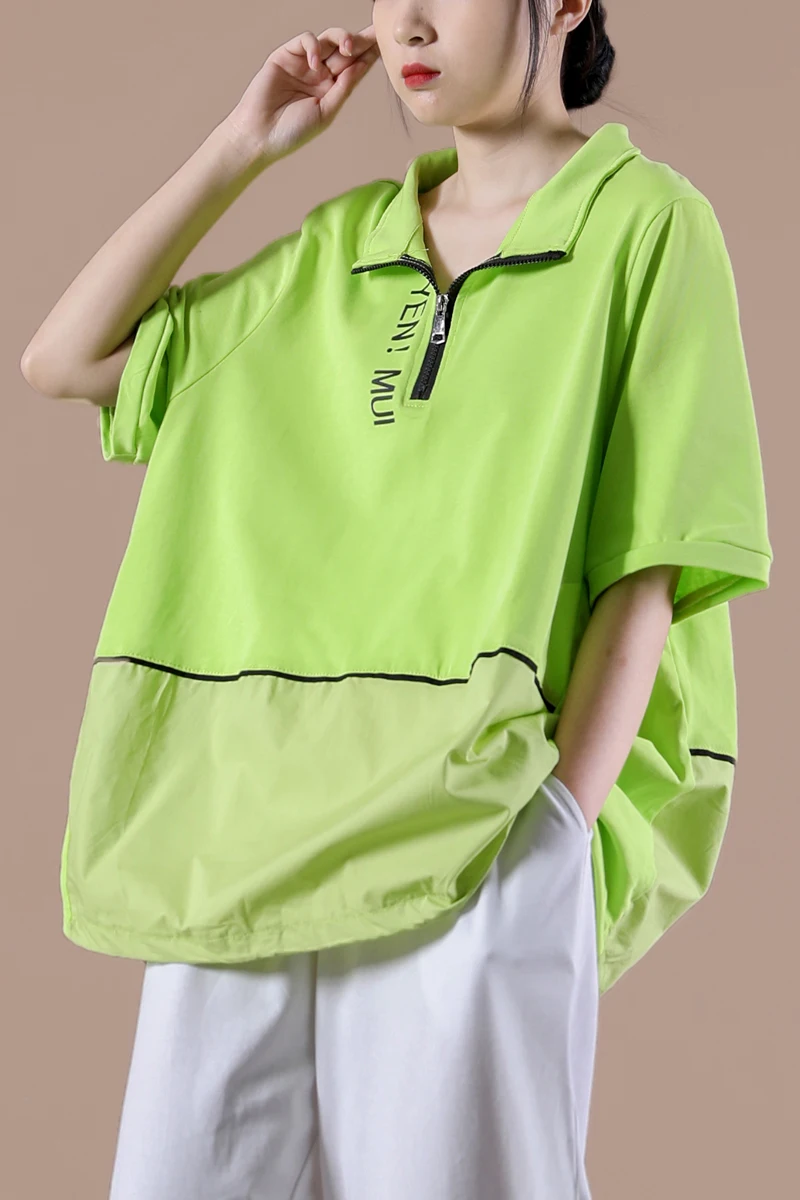 

IEQJ 2021 New Summer Fashion Women Clothes Turn-down Collar Short Sleeves Letters Printed Zippers T-shirt Female Top WR350