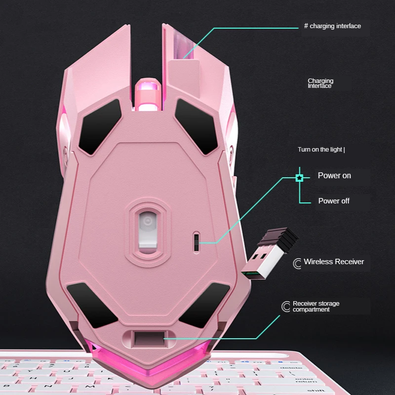 Беспроводная игровая мышь Girl Cute Pink Game перезаряжаемая 2400DPI RGB-подсветка Bluetooth