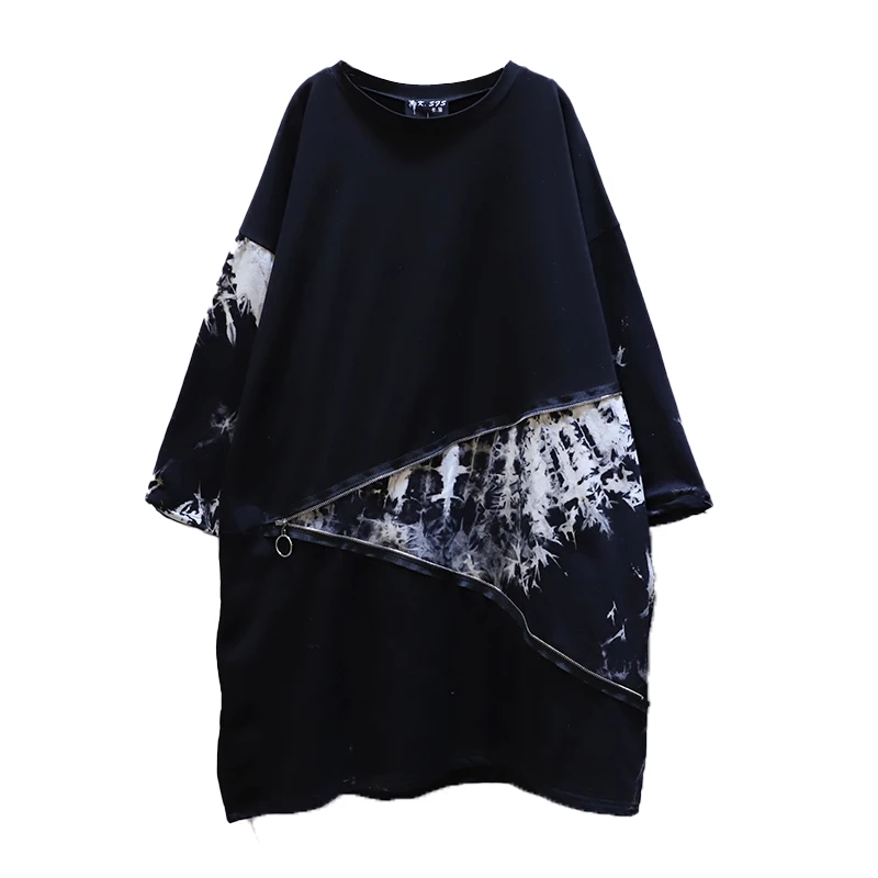 

IEQJ 2021 Spring Autumn New Full Sleeve Round Collar Large Size Loose Wild Women's Fashion Zipper Patchwork Print Dress TU336