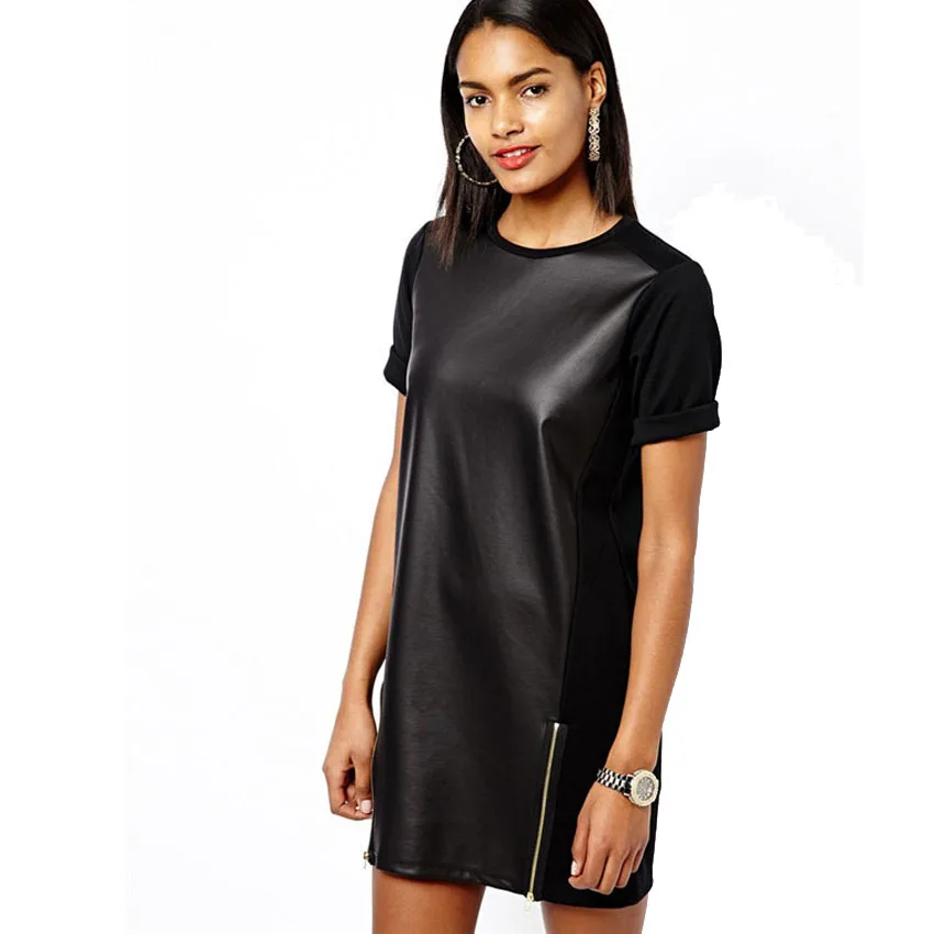 

Женское платье-карандаш из ПУ кожи, с коротким рукавом