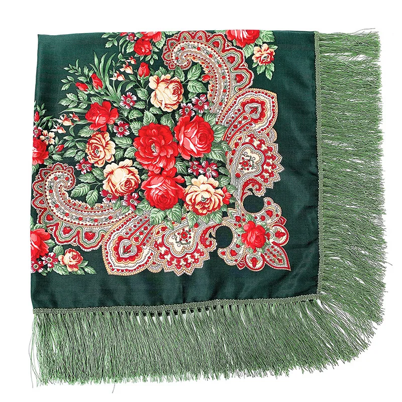 

Women Big Square Scarf National Style Shawl Female Vintage Tassels Flowers Neckerchief Russian Large Size Warm Muffler