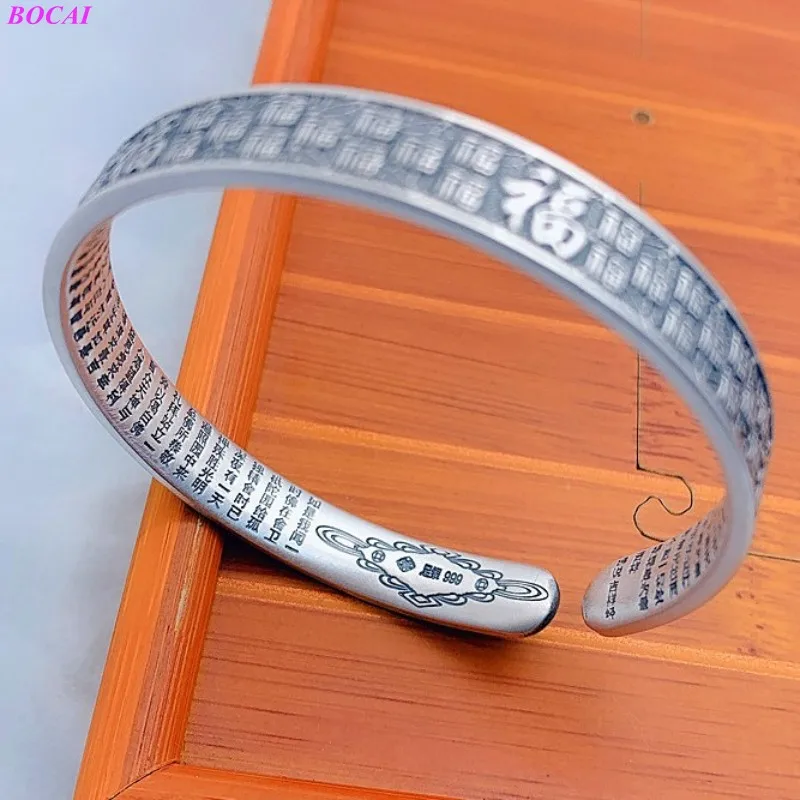

BOCAI S999 Sterling Silver Retro Old Handred Fu Character Personality Opening Thai Silver Craft Simple Women's Solid Bangle