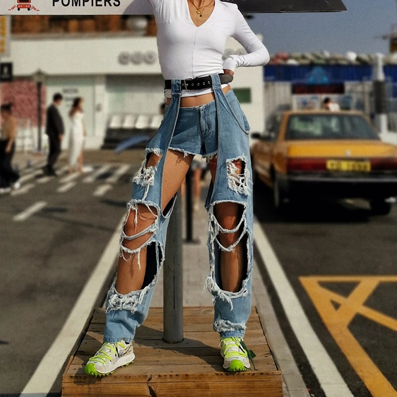 

Hollow Hole Irregular Women's Straight Leg Pants High Waist Asymmetrical Fringed Full-length Pants Women's Fashion New Style