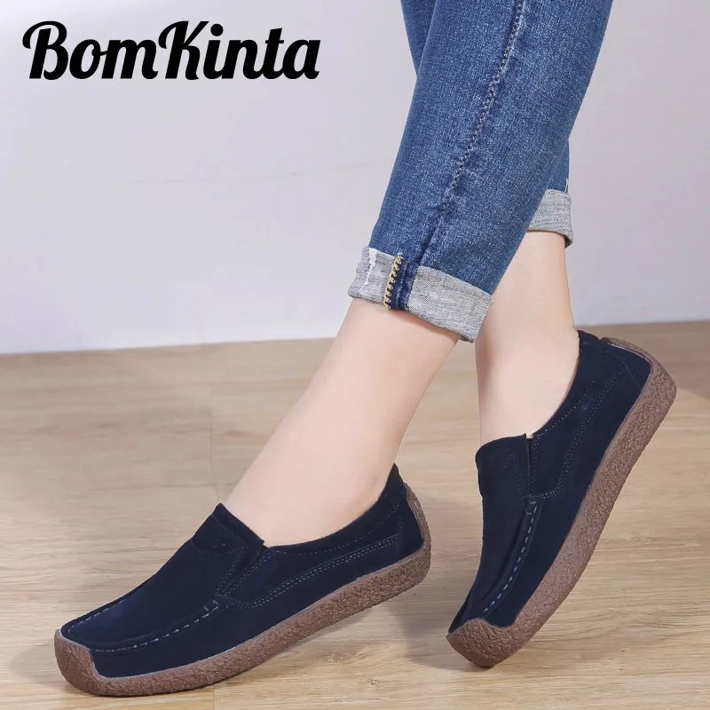 BomKinta 2019 Spring Women Flats Sneakers Shoes Woman Slip On Loafers Suede Leather Handmade Boat Platform Oxfords | Обувь