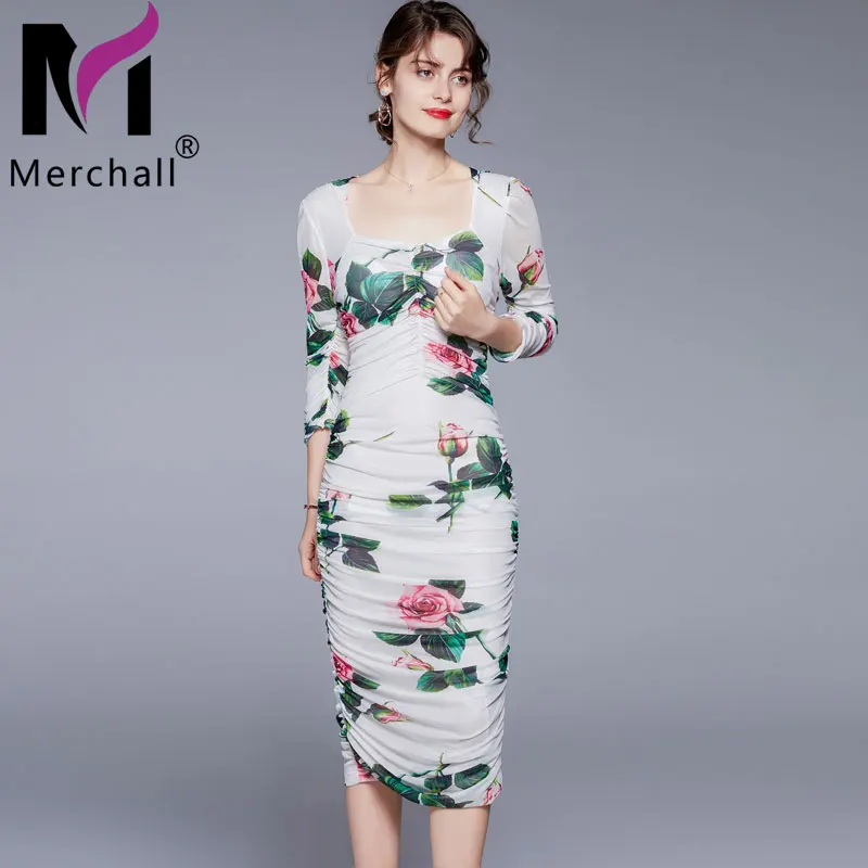 

Merchall 2021 Summer Women Sexy Ruched Stretch Midi Sheath Dress Square Collar Rose Floral Print Elegant Party Dresses M78078
