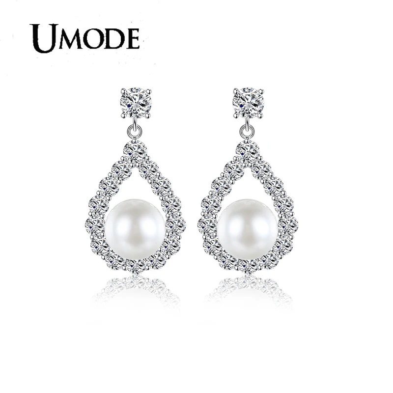 

UMODE NEW Drop Shape Elegant Dangle Pearl White Rhinestone Earrings for Women Luxury Fashion Jewelry Oorbellen Hangers UE0782