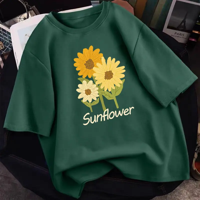 

Футболка женская с цветочным принтом, милая графическая рубашка в стиле Харадзюку, топ в Корейском стиле с коротким рукавом и рисунком, на л...