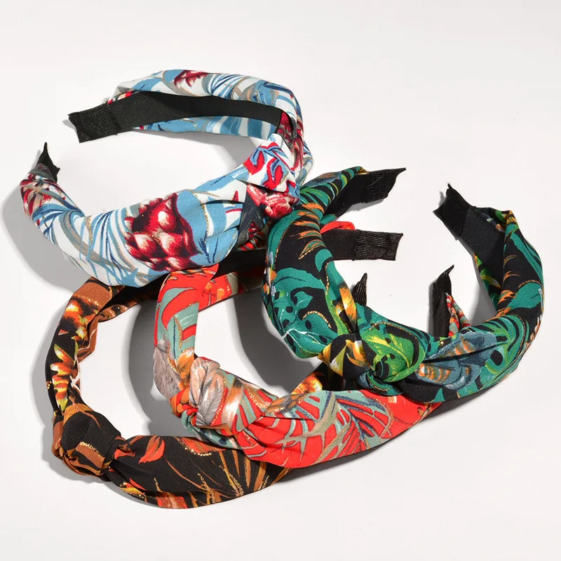 

Повязка на голову женская с перекрестными краями, тканевый обруч с узелком, в стиле ретро, с листьями, аксессуар для волос