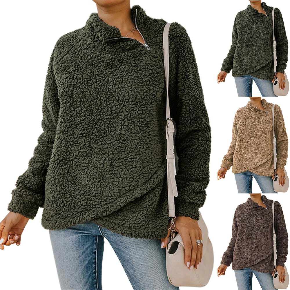 

Пуловеры с воротником-стойкой, свитер, джемпер, флисовый зимний теплый плотный Повседневный пуловер с боковой молнией, свободная блузка, же...