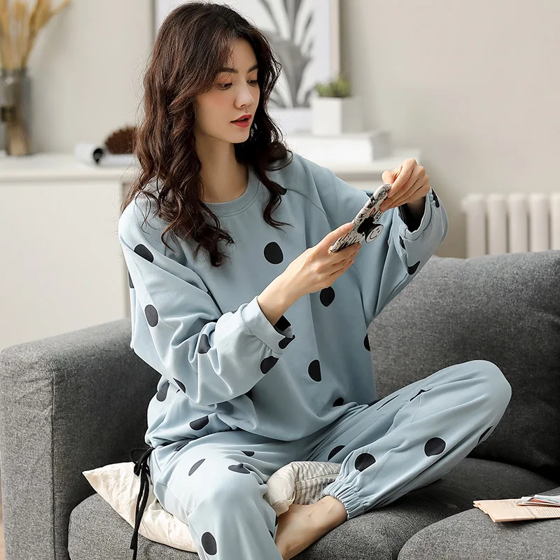 

Pajamas Ladies Spring Autumn 100% Cotton Long-Sleeved Round Neck Korean Version Winter Pijama Two-Piece Home Service Nightwear