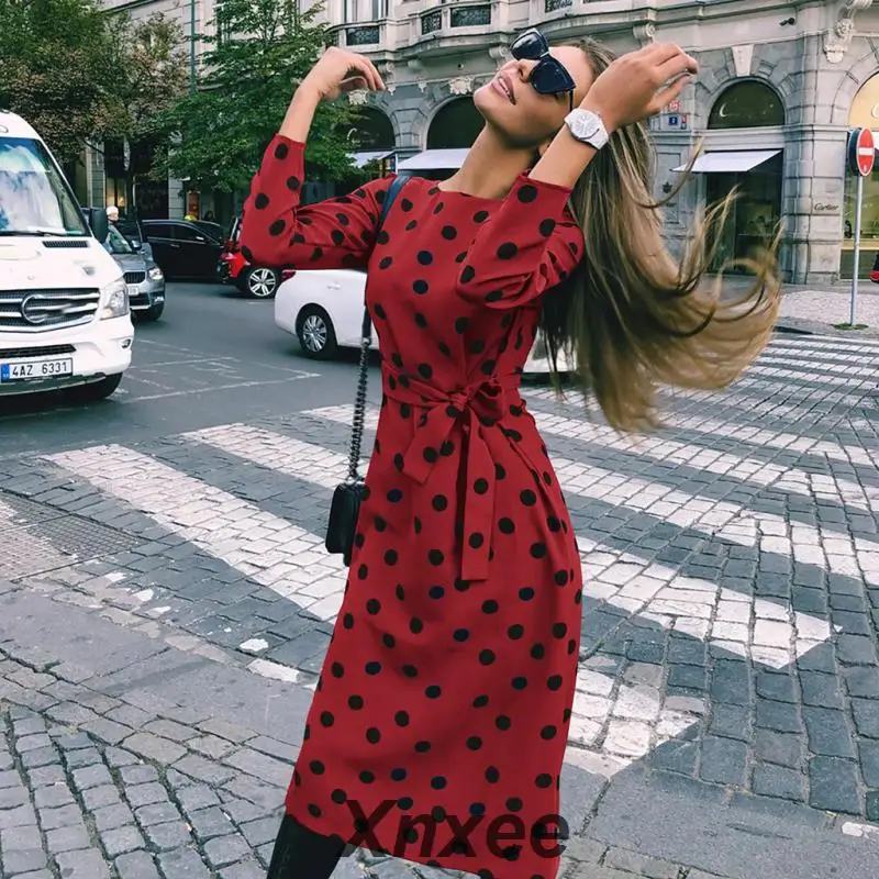 

Women Bodycon Dress Autumn Ladies O-Neck Casual Dots Long Sleeve Pockets Dress With Belt Female sexy Dresses vestido Xnxee