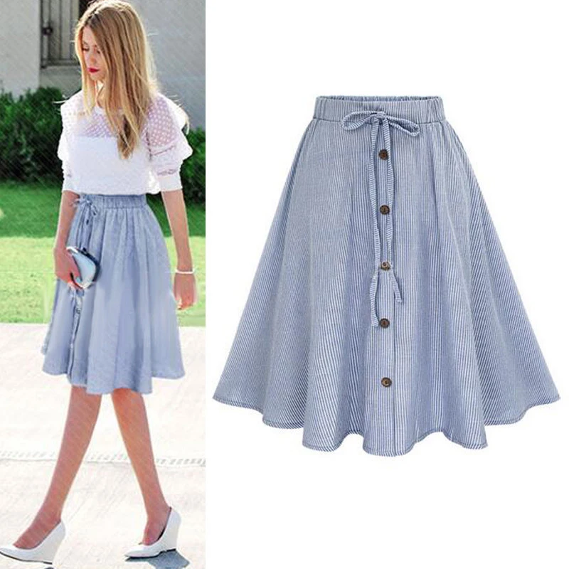 

High Waist Striped Skirt Fashion Female Summer Skirt Knee Length A-Line Pleated Skirt Button Solid Elegant Cute Skirt Ropa Mujer