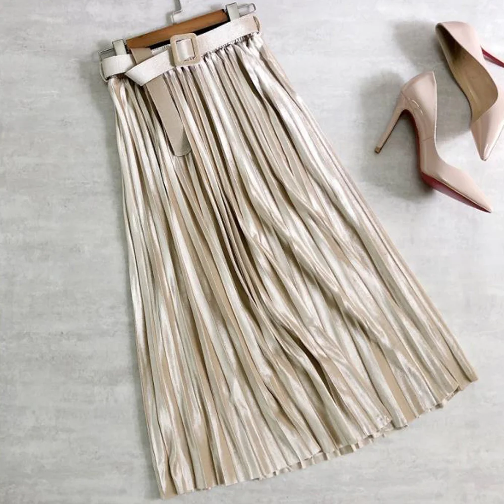 

Autumn Winter Velvet Pleated Skirts Womens Elegant High Waist Sashes Mid-Length Office Metallic Long Skirt Female Streetwear