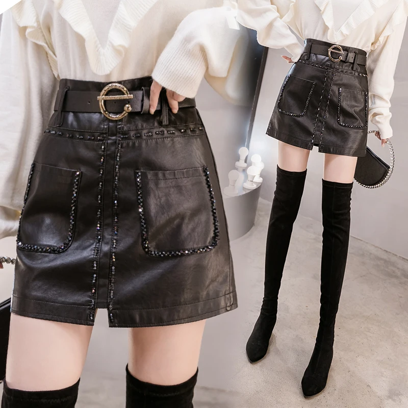 

Women's Korean style handmade beaded PU leather high waist slim skirt