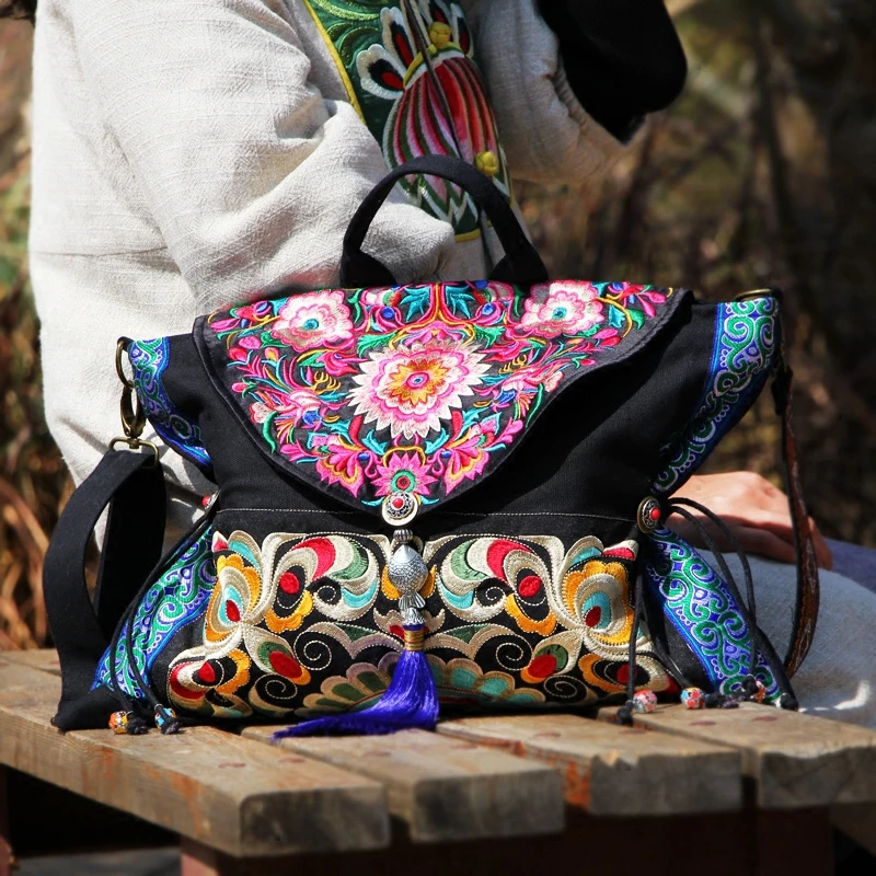 New embroidered shoulders bags boho canvas women handbags tassel crossbody bag | Багаж и сумки