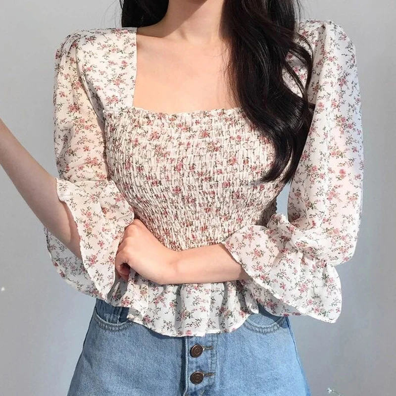2021 повседневное Flare рукавом шифоновая рубашка в складку женская Blusas Mujer осень