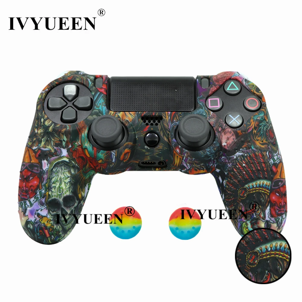 Devil IVYUEEN 25 Colors For PlayStation 4 PS4 Pro Slim Controller Silicone Protective Skin Case Cover Thumb Grip Caps for Dualshock 4 - Цвет: Devil