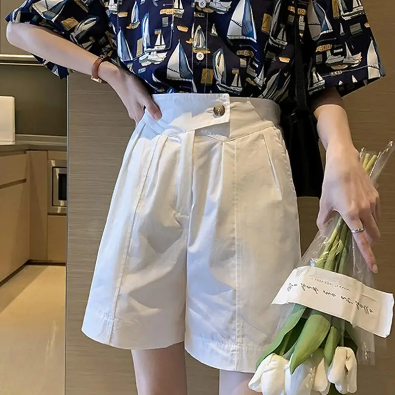 

2021 Summer Pure Cotton Shorts Women's High Waist Slimming Casual Solid Color Loose Wide-leg Shorts Thin Suit Five-point Pants
