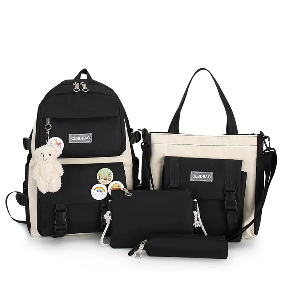 

4 Pcs Set Bear Ornament Women Laptop Backpack Canvas School Bags Kawaii College Student Kids Book Bag Rucksack for Teenage Girls