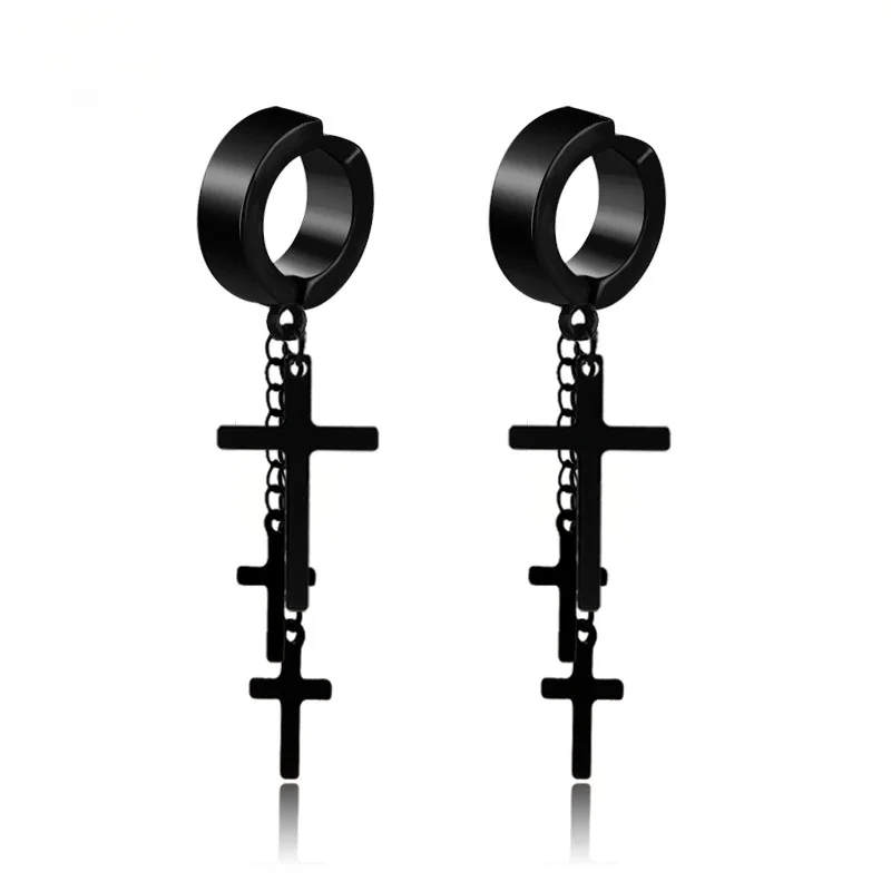 

1 Piece Vintage Stainless Steel Painless Ear Clip Fake Earrings for Men/Women Punk Gothic Black Cross Drop Dangle Long Earrings