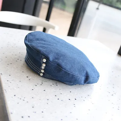 

New Fashion Patent Cowboy Beret High Quality Ladies Hats Solid Color Flat Top Hat Pearl Slouchy Bone Captain Cap Women Female