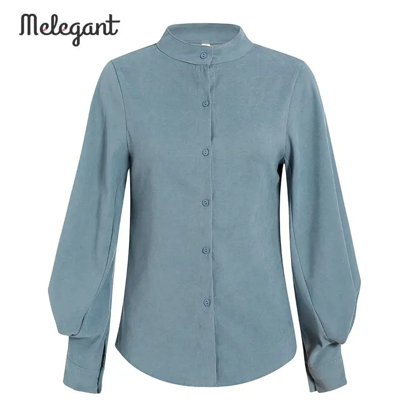 Элегантная Высокая мода OL Однотонная синяя блузка Рубашки с рукавом фонариком