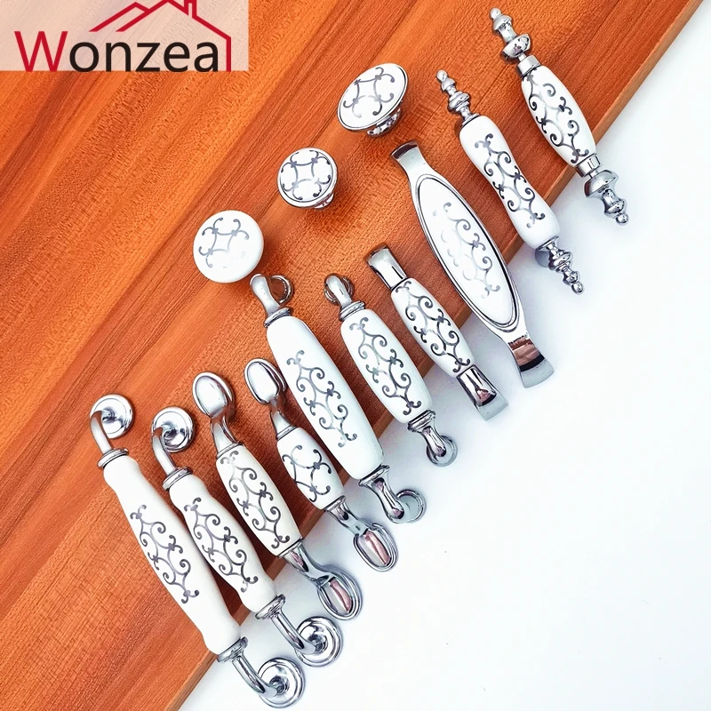 zinc alloy ceramic dresser pulls drawer furniture handles ceramic kitchen cabinet door knobs silver knobs pulls porcelain free global shipping