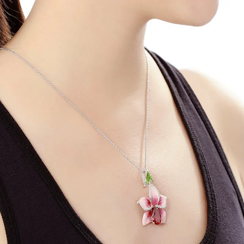 

BUYEE 100% 925 STERLING SILVER FASHION NECKLACES WOMEN BIG STONE AND PINK ENAMEL FLOWER PENDANT NECKLACE FOR WOMEN PARTY WEDDING